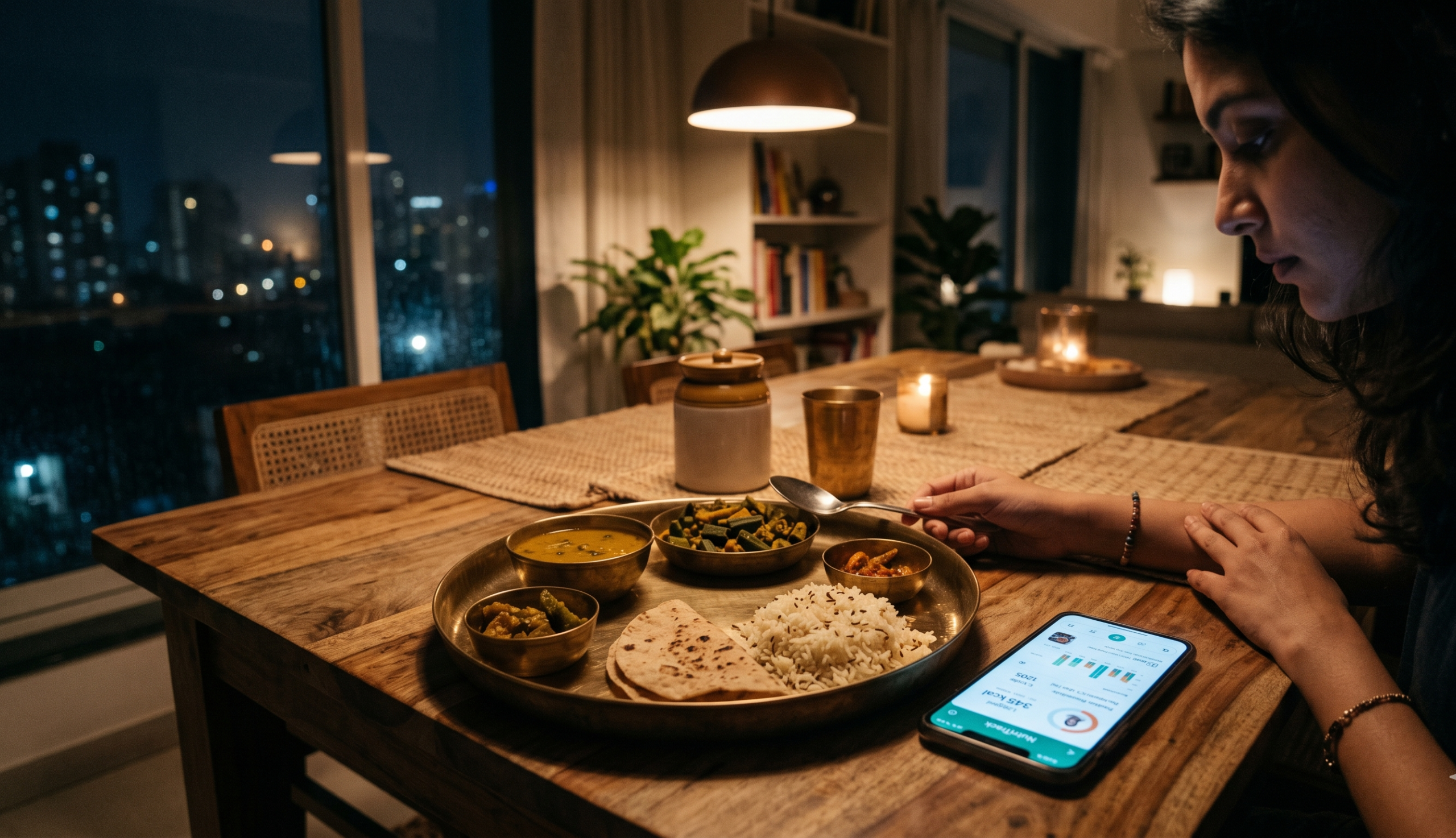 A traditional Indian brass thali next to a smartphone with a calorie tracker app, illustrating eating for longevity.