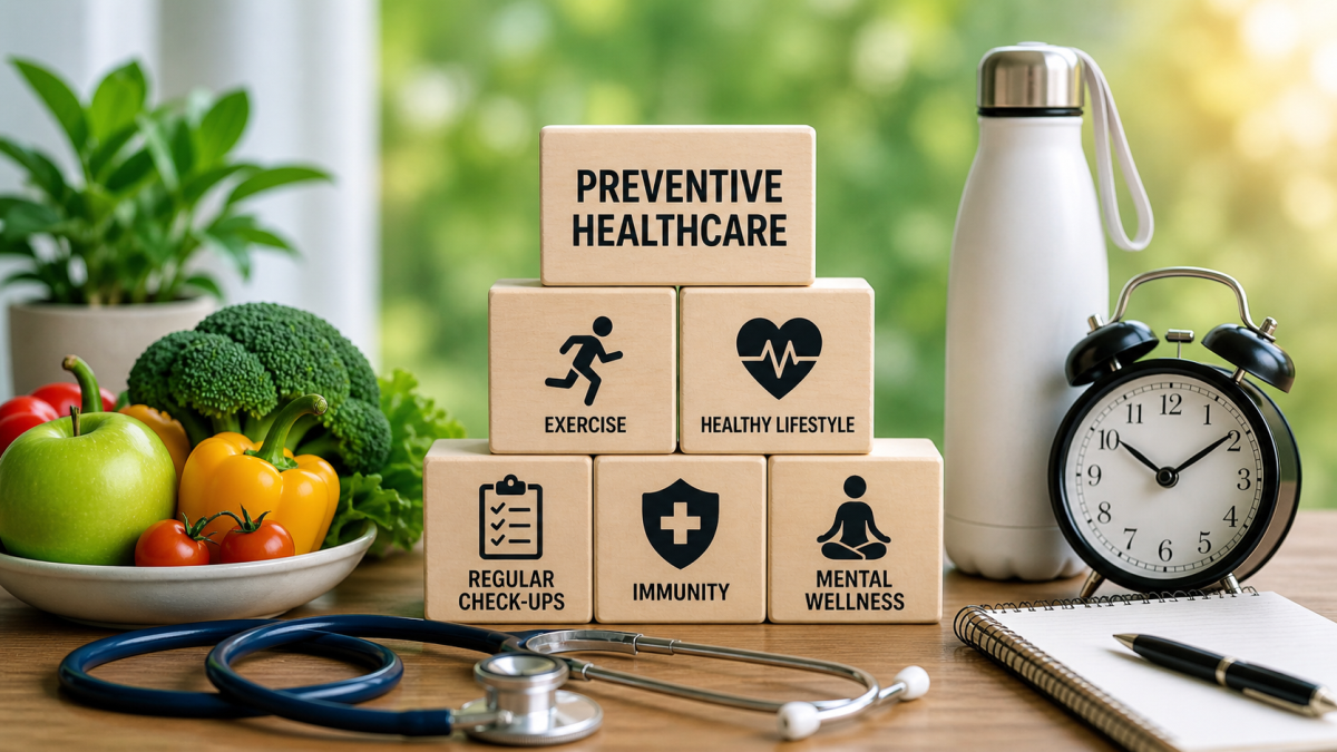 Preventive healthcare concept showing healthy lifestyle, nutrition, exercise and regular checkups