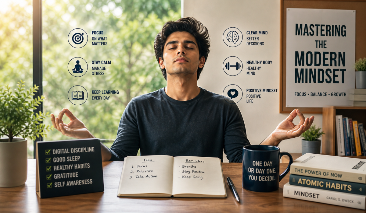 Modern mindset concept showing focus, calmness, digital discipline and mental clarity