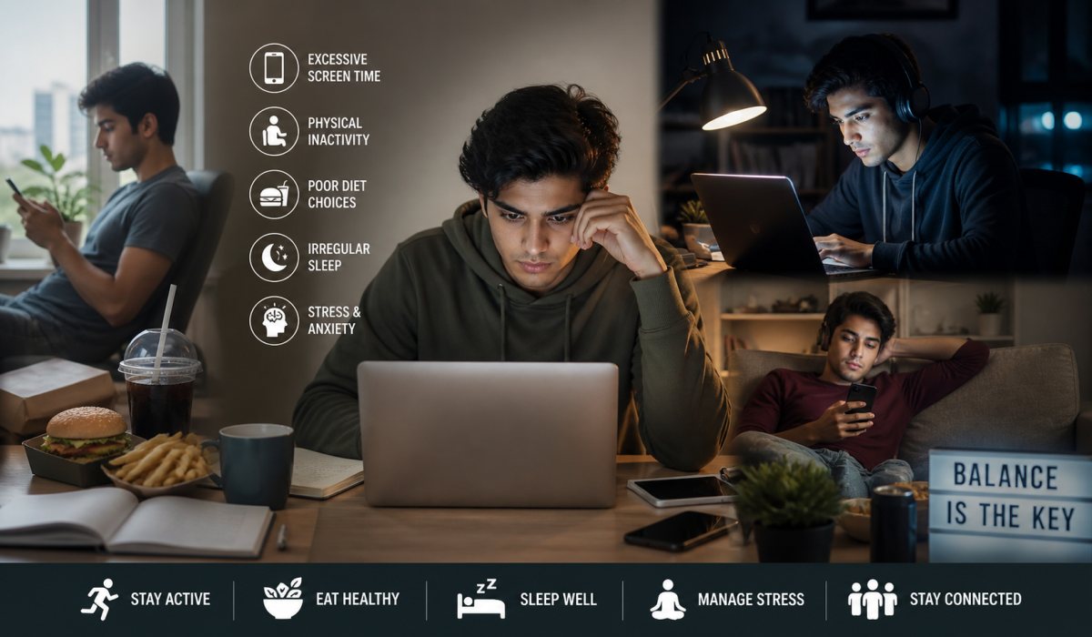 Lifestyle changes affecting young adults including screen time, stress and modern habits