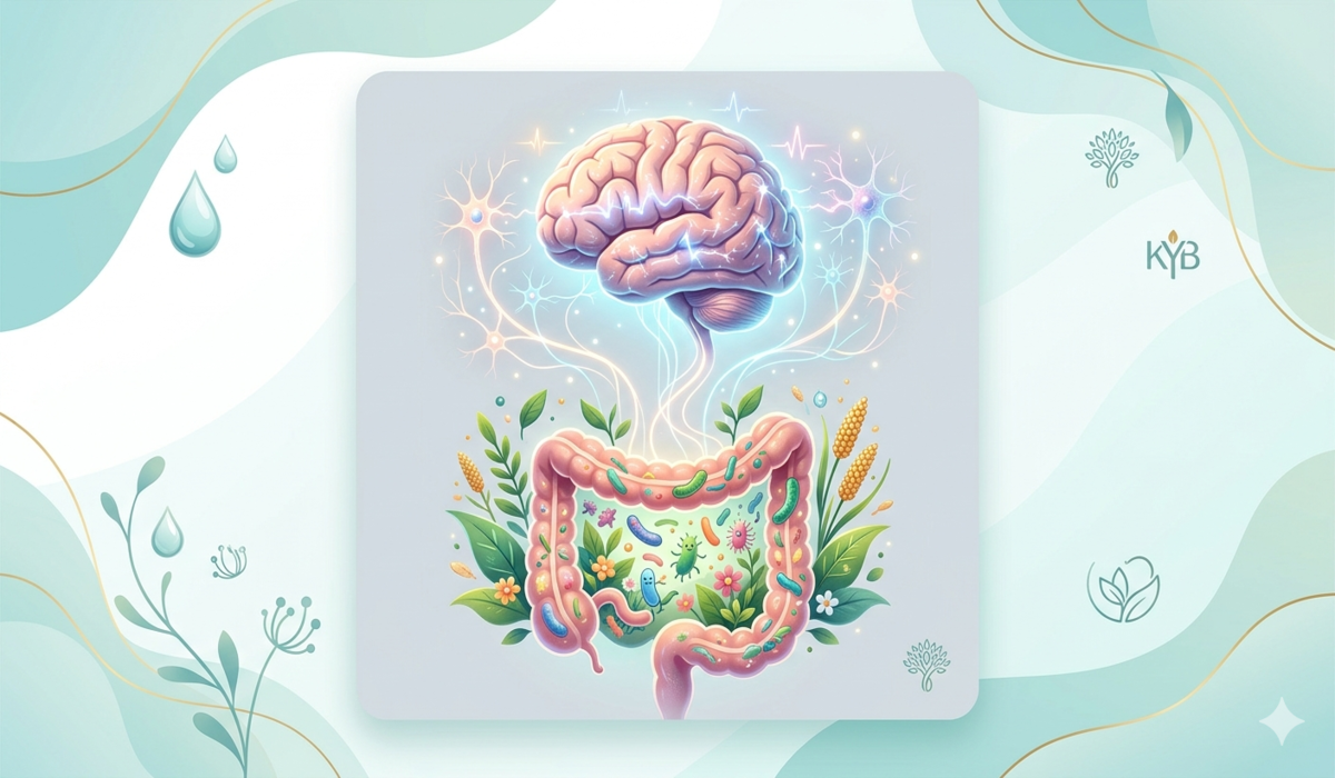 Conceptual illustration of the gut-brain axis, showing the connection between a healthy digestive system and mental clarity, featuring a glowing brain and vibrant gut microbiome.