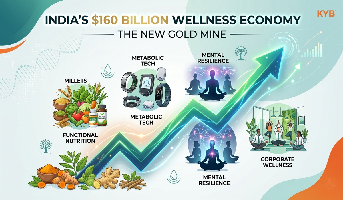 Conceptual 2026 infographic of India’s wellness economy showing growth in metabolic tech, functional nutrition, and corporate wellness economy with a rising green arrow.