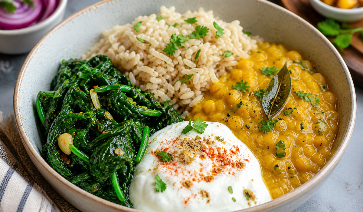 Vibrant Indian Buddha bowl with brown rice dal and spinach for gut health KYB India Pulse