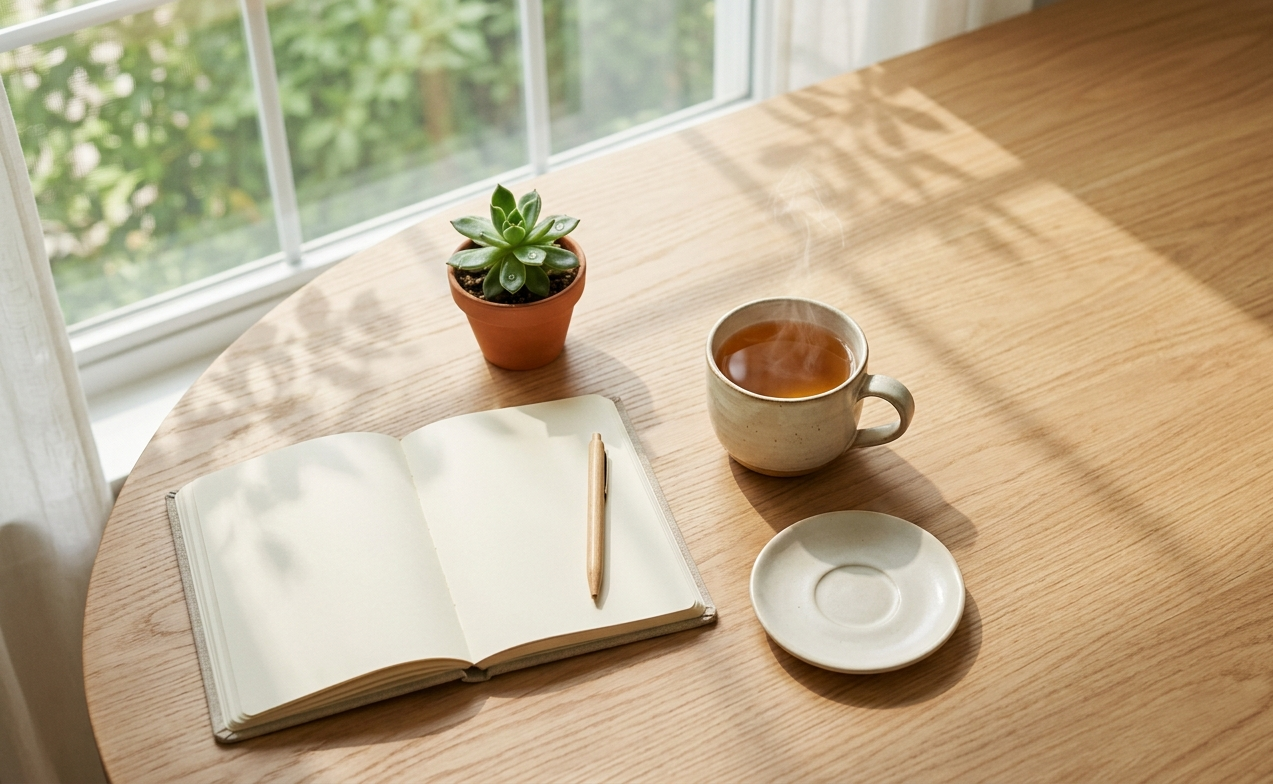 Minimalist flat lay of morning herbal tea and notebook on a wooden table with sunlight for stress-free routine KYB India Pulse