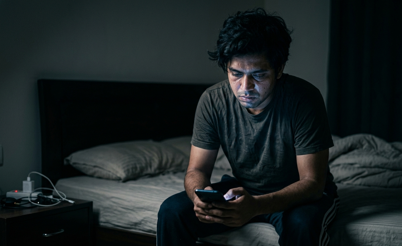 Young Indian professional struggling with sleep deprivation due to smartphone use