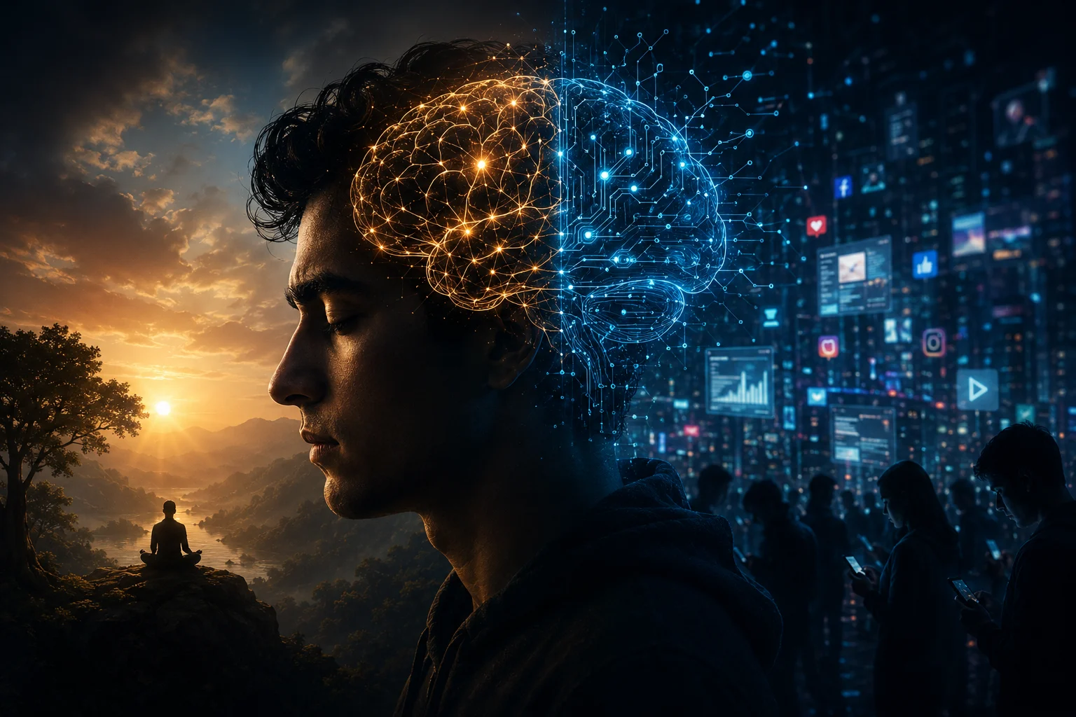 Human brain connected with AI and digital networks.