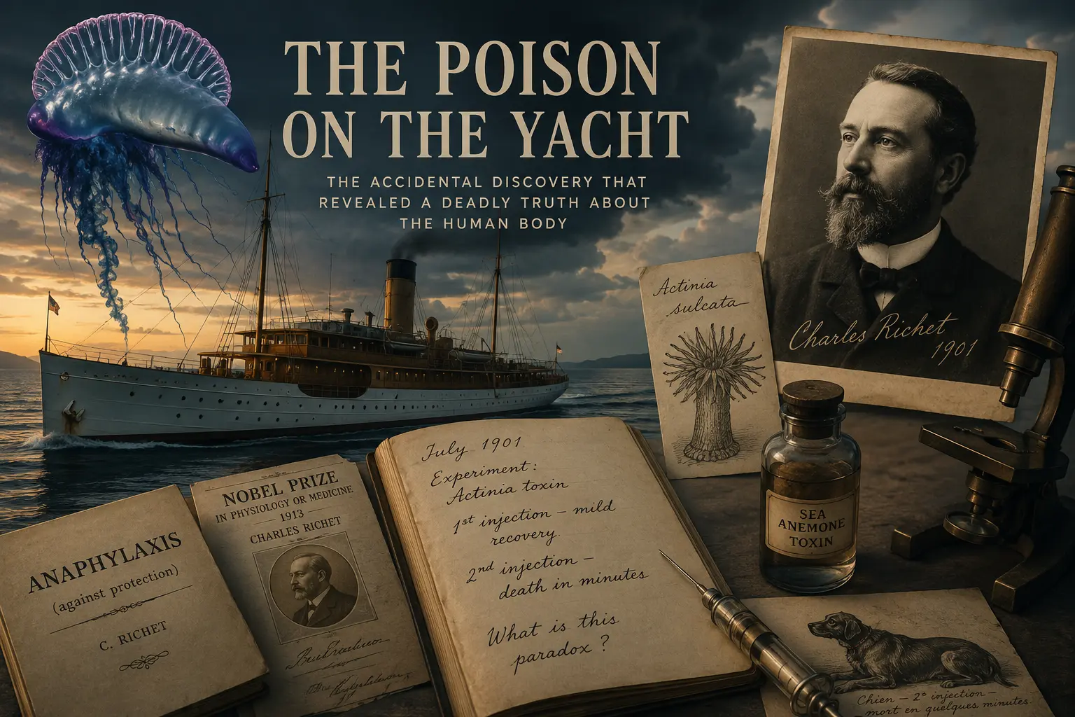 Charles Richet’s discovery of anaphylaxis during a 1901 sea voyage experiment involving marine toxins.