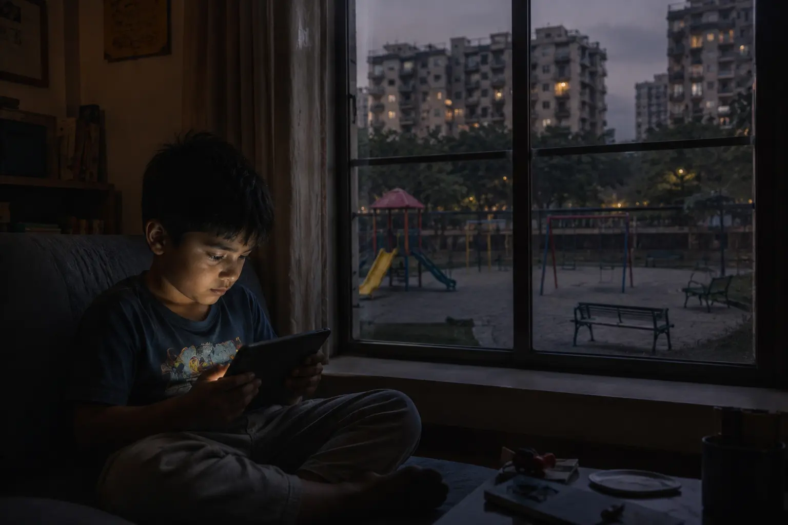 Indian child using a tablet indoors while an empty playground outside reflects modern childhood disappearing crisis