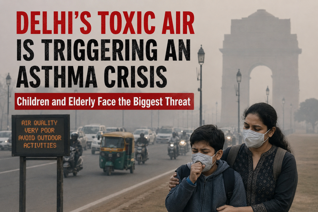 People wearing masks amid heavy smog near India Gate in Delhi as rising air pollution triggers asthma and respiratory health concerns. Dellhi Air Pollution