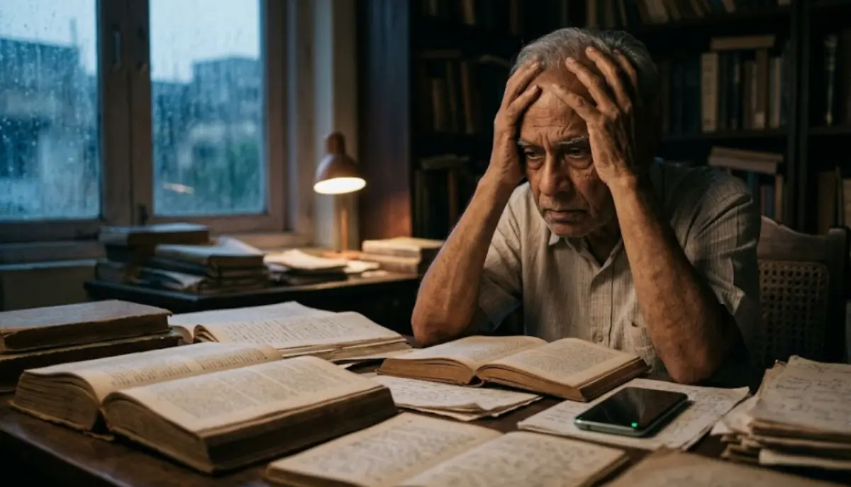 An elderly Indian man holding his head in distress over open books and a smartphone, showing the emotional impact of collapsing modern attention spans.