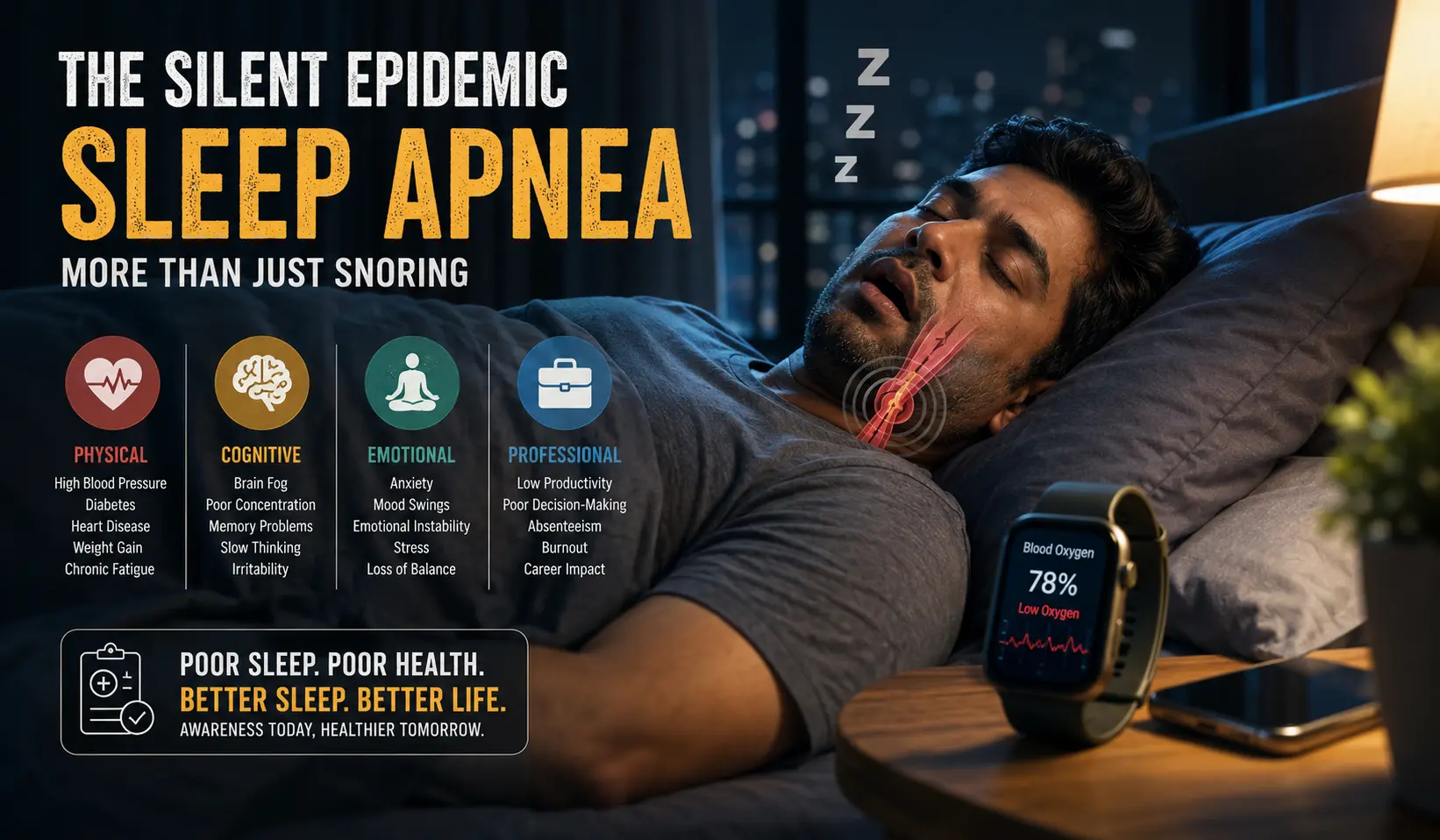 A stressed urban Indian professional sleeping with symptoms of sleep apnea while a smartwatch tracks low oxygen levels, representing the hidden health and productivity crisis caused by poor sleep in India.
