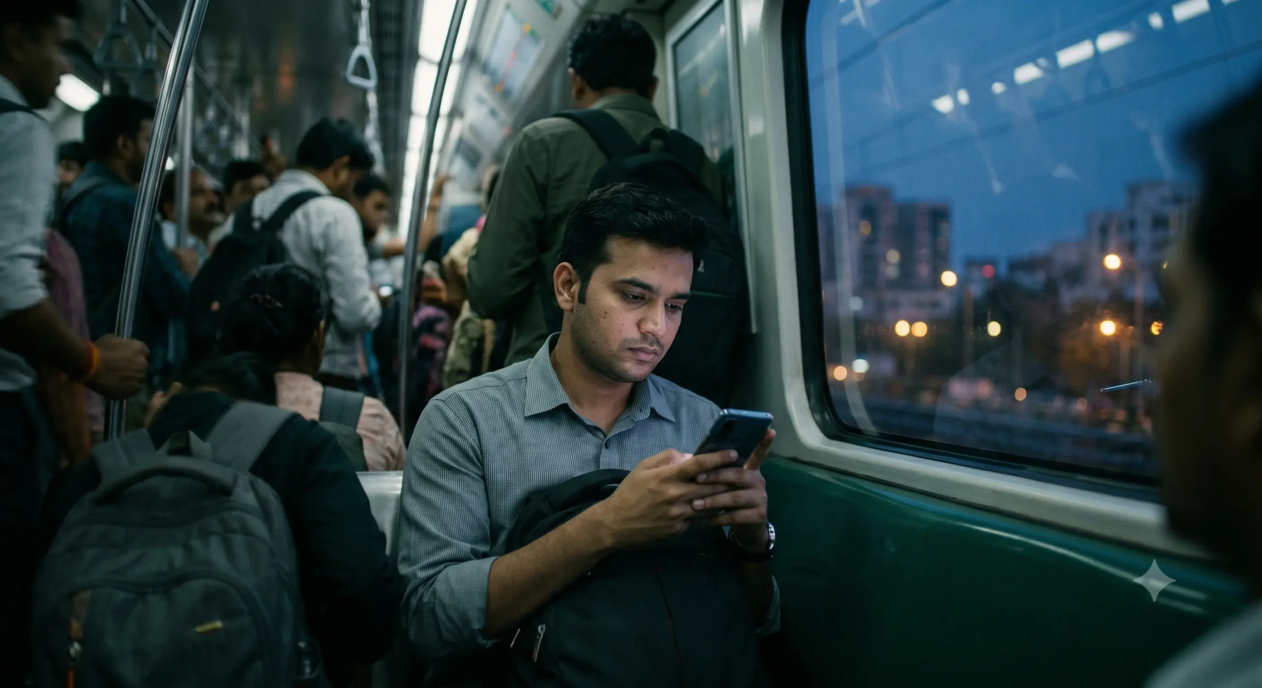 A young Indian professional experiencing urban loneliness in India while commuting alone on a crowded metro train.
