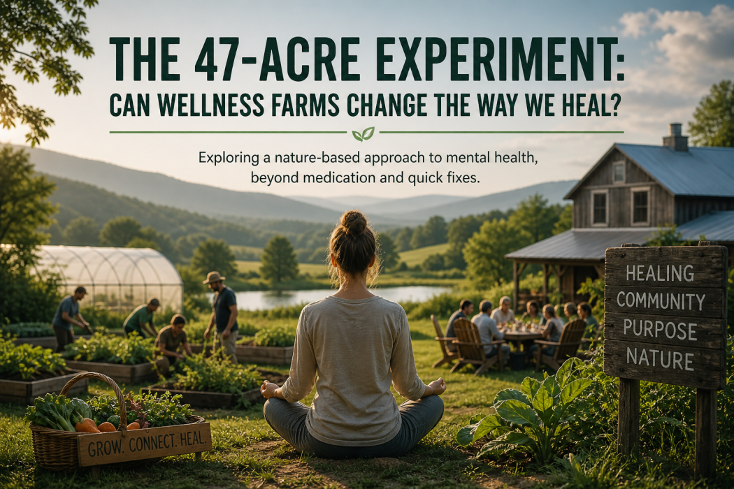 A wellness farm in Vermont where people engage in farming, meditation, and community activities to support mental health healing.