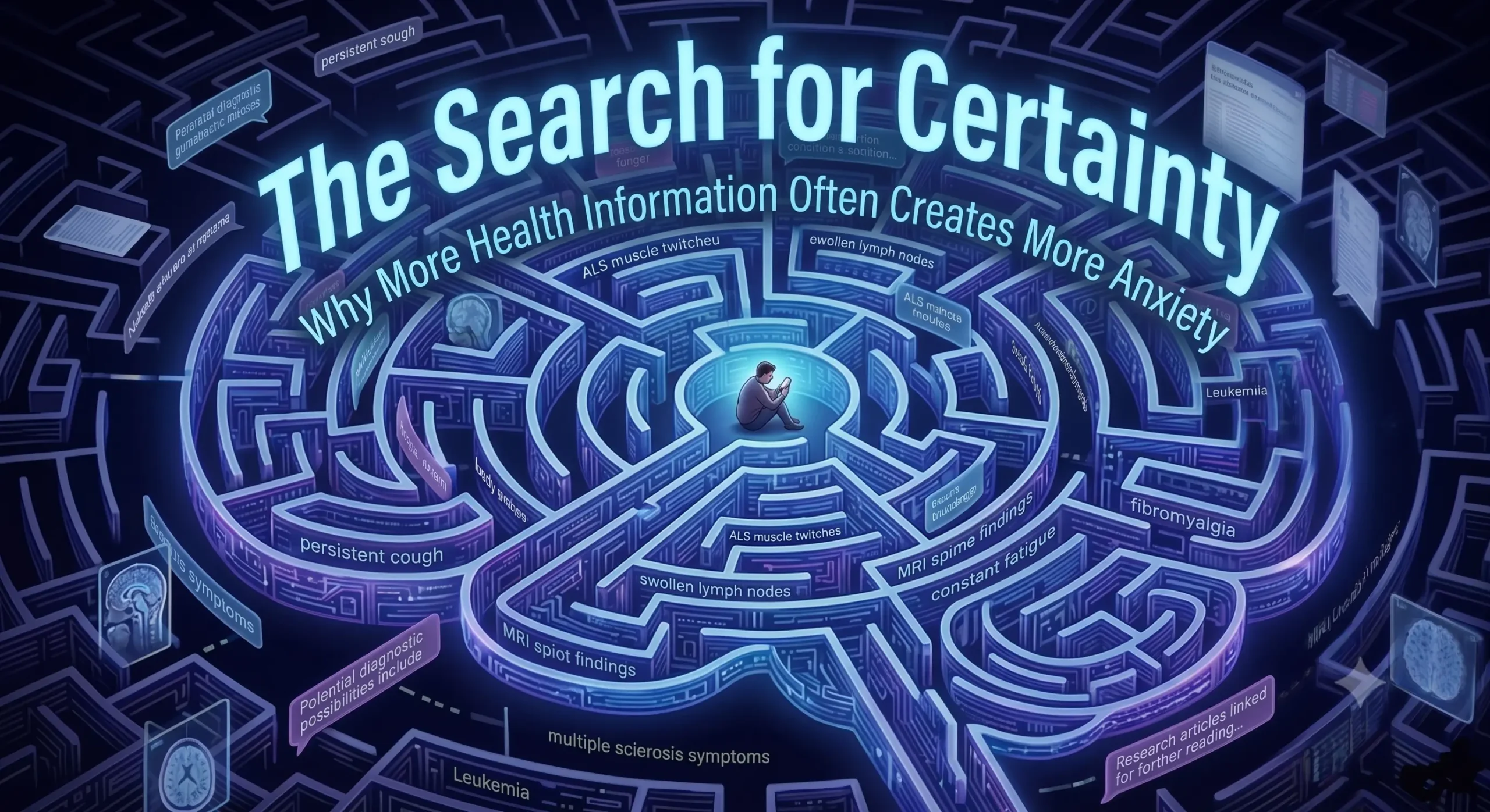 Health anxiety and AI-driven symptom searching illustrated as a human brain transformed into a digital labyrinth