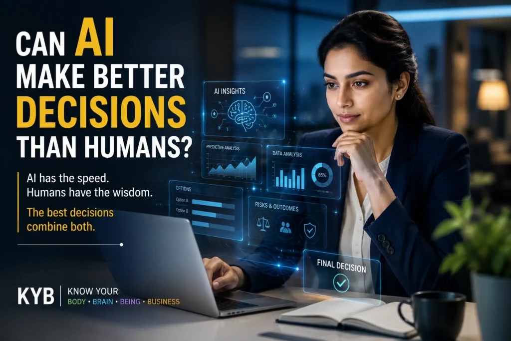 An Indian businesswoman reviewing AI-generated insights on a transparent digital screen while making a thoughtful business decision.