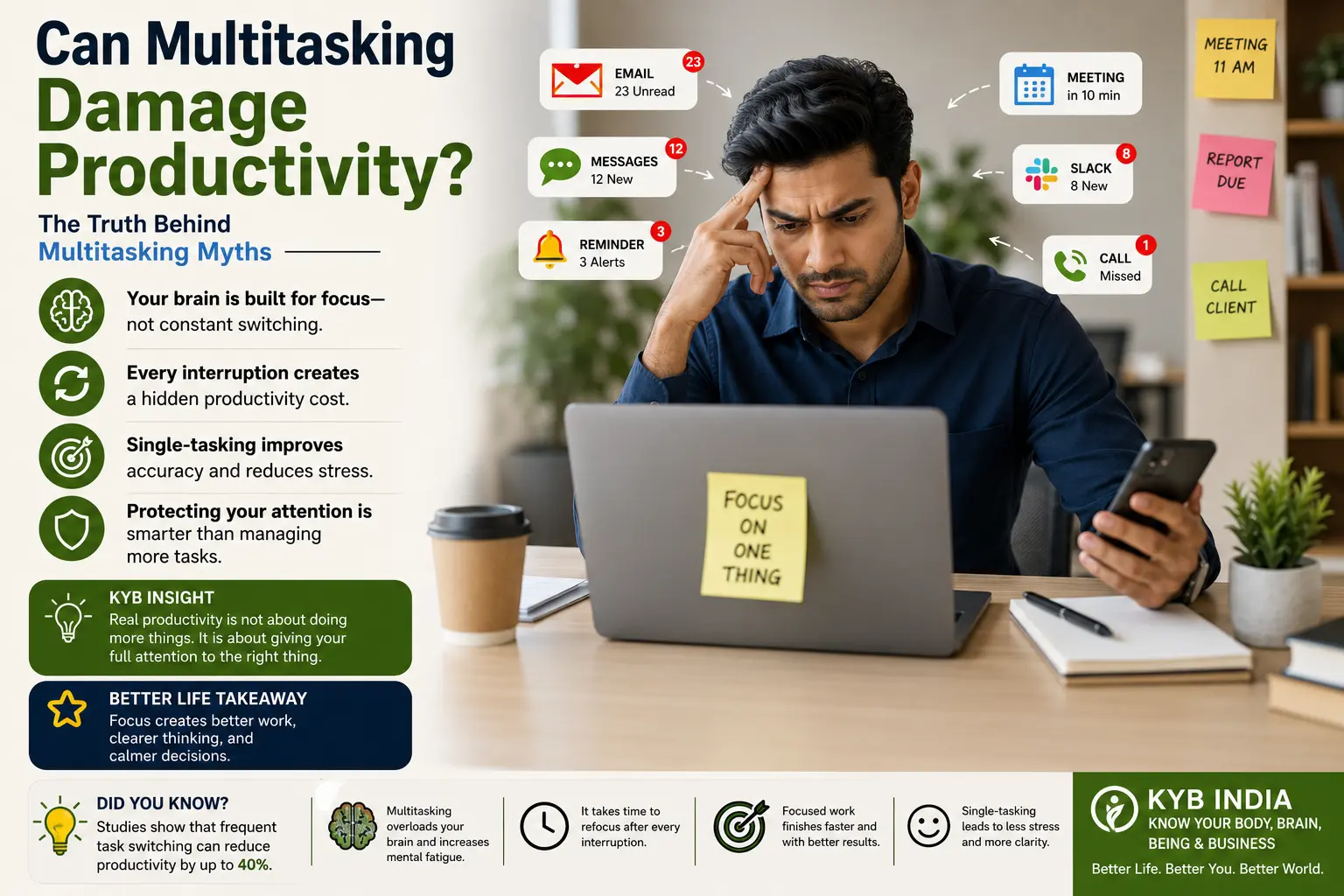 Can Multitasking Damage Productivity? Young Indian professional distracted by multiple digital notifications while working on a laptop, illustrating multitasking myths and productivity loss.