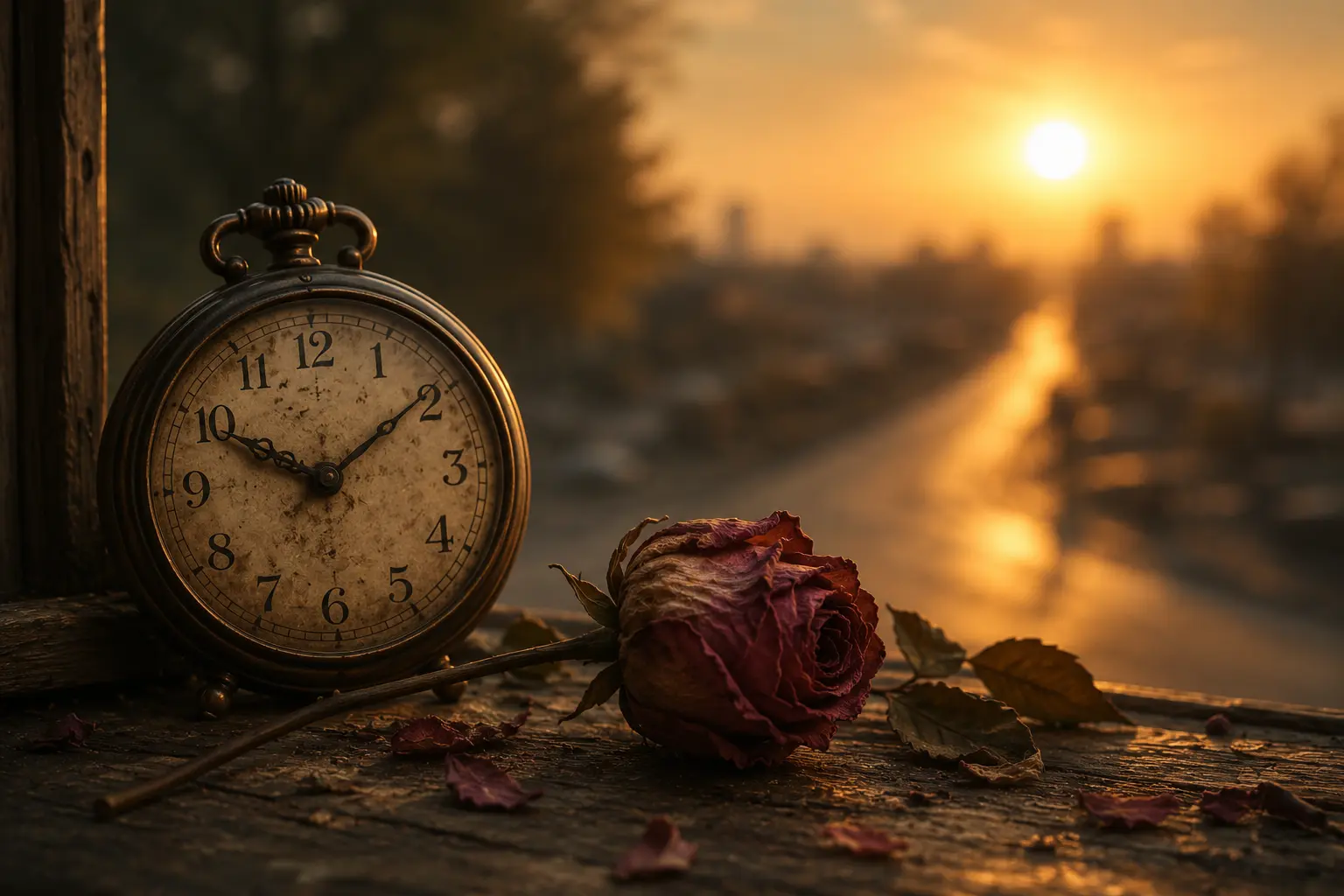 Vintage clock and a wilted rose at sunset symbolizing mortality, the passage of time, and the importance of living a meaningful life.