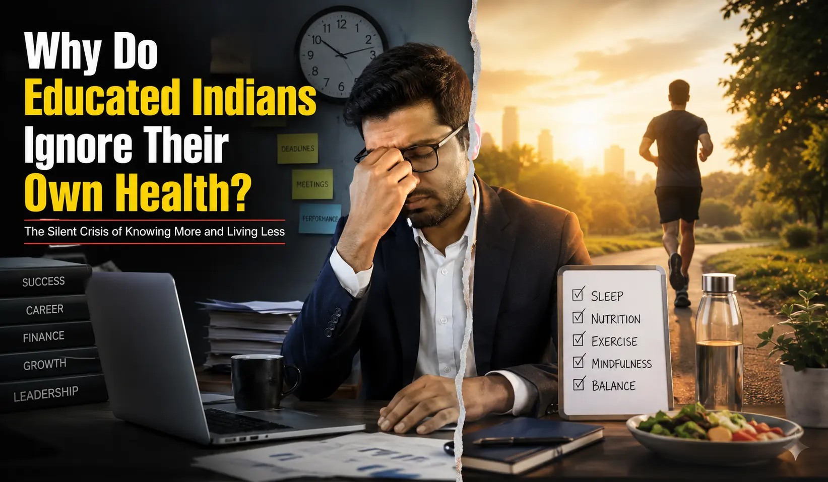 Stressed Indian professional balancing career success and personal health challenges in modern lifestyle.