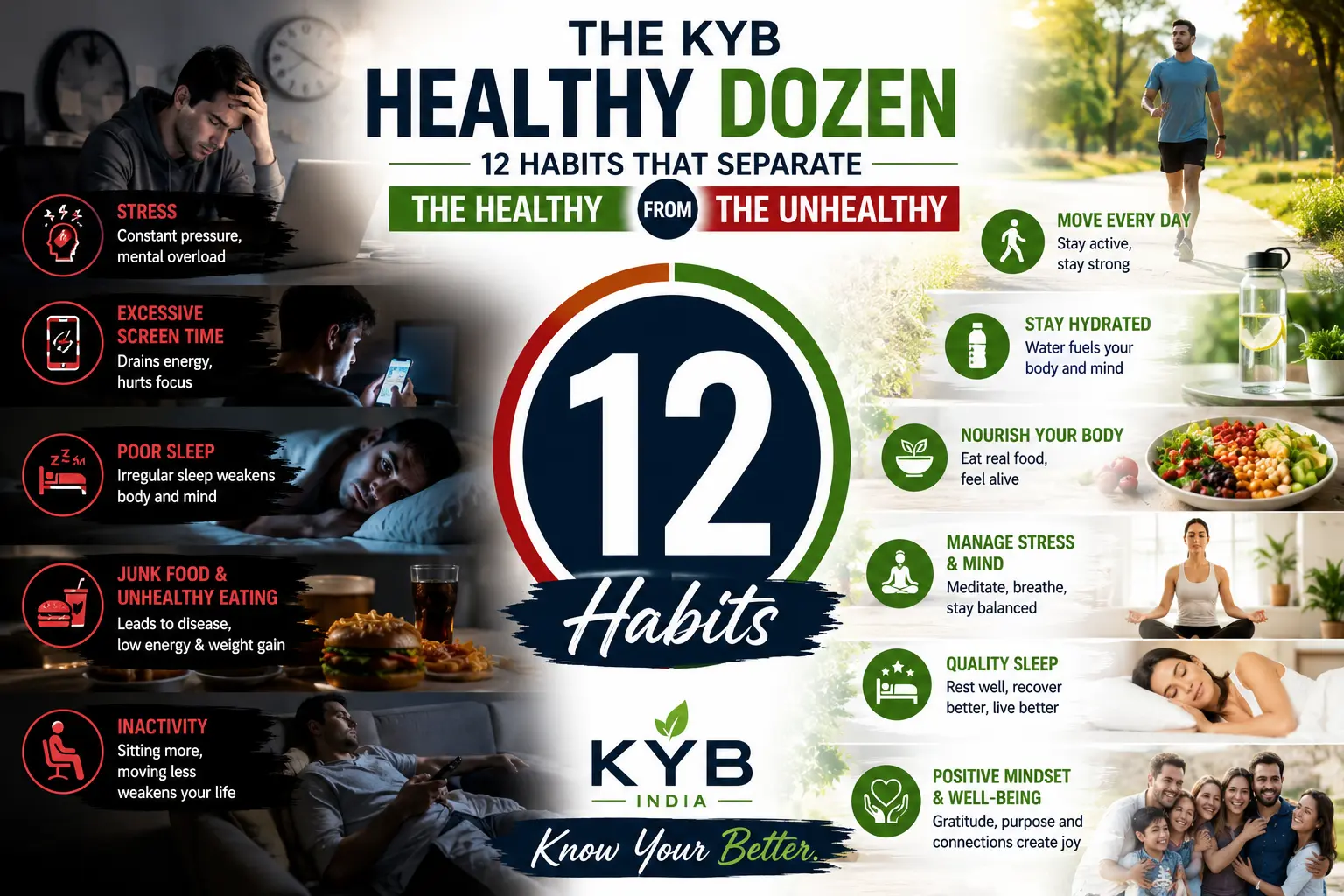 The KYB Healthy Dozen showing 12 healthy habits that separate healthy people from unhealthy lifestyles.