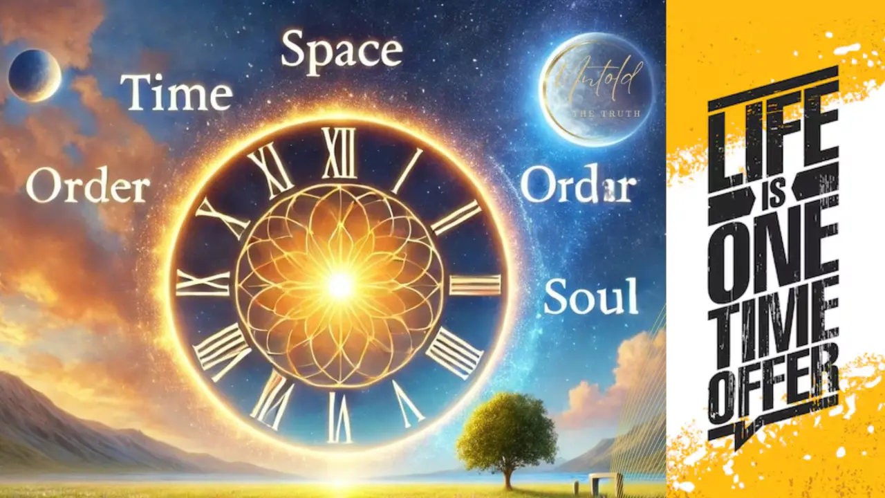 Illustration showing Time, Space, Order, Soul, and Happiness around a glowing clock, symbolizing the key elements of a meaningful life.