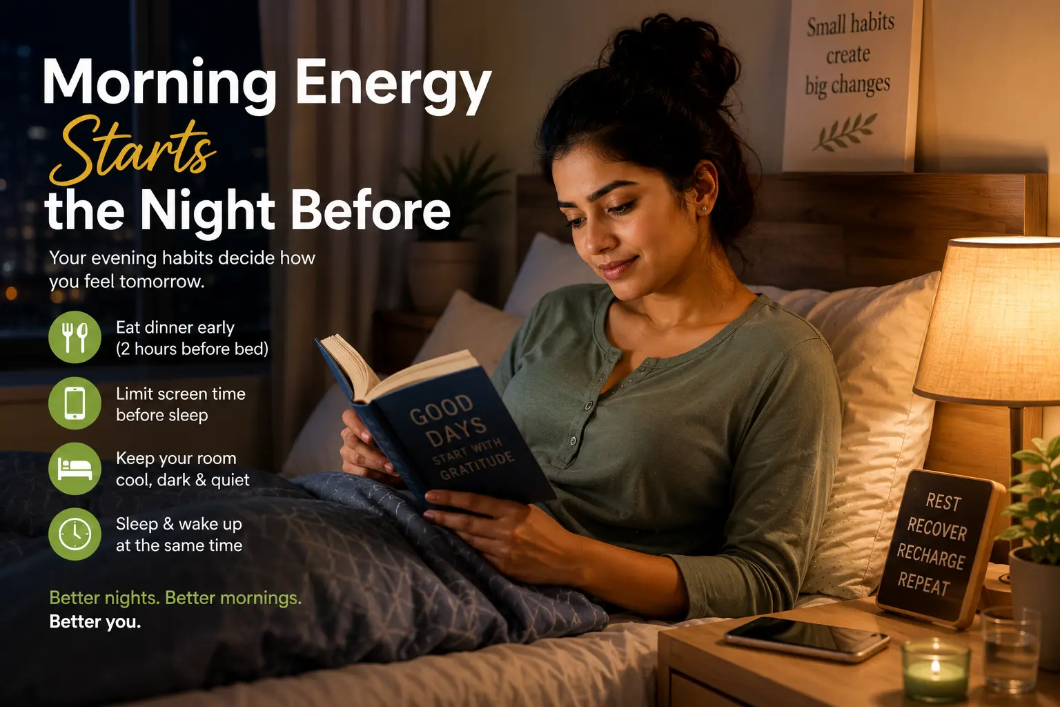 A young Indian woman following a relaxing bedtime routine by reading a book in a softly lit bedroom before sleep.