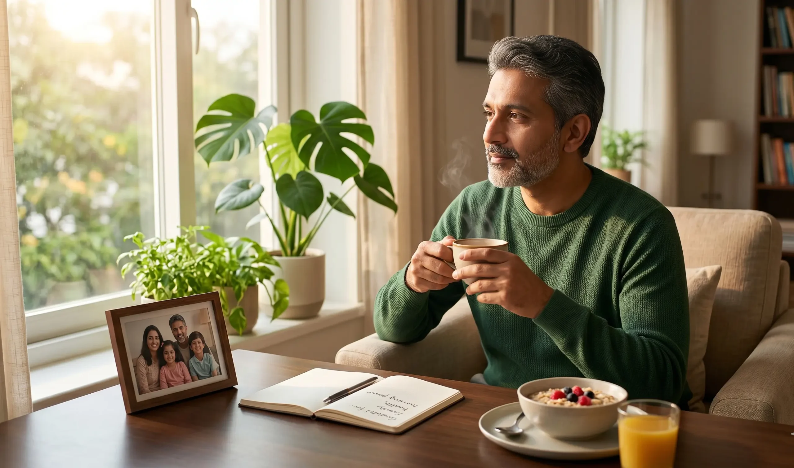A thoughtful Indian man in his late 40s sitting near a window in morning sunlight, holding a cup of tea and practicing gratitude with a family photo and wellness journal on the table.