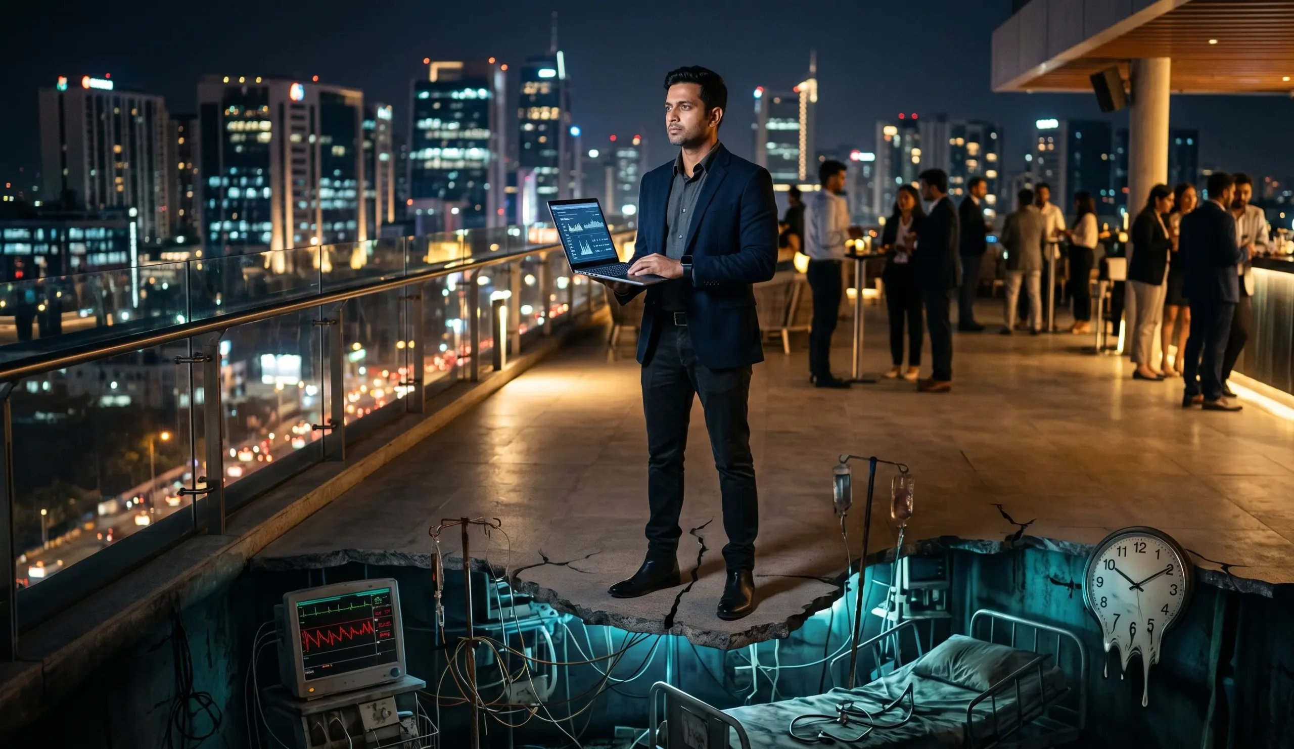 A modern Indian professional representing corporate success, standing on a city balcony with a hidden underlying layer of medical equipment, symbolizing the deep health crisis and stress hidden behind modern success.