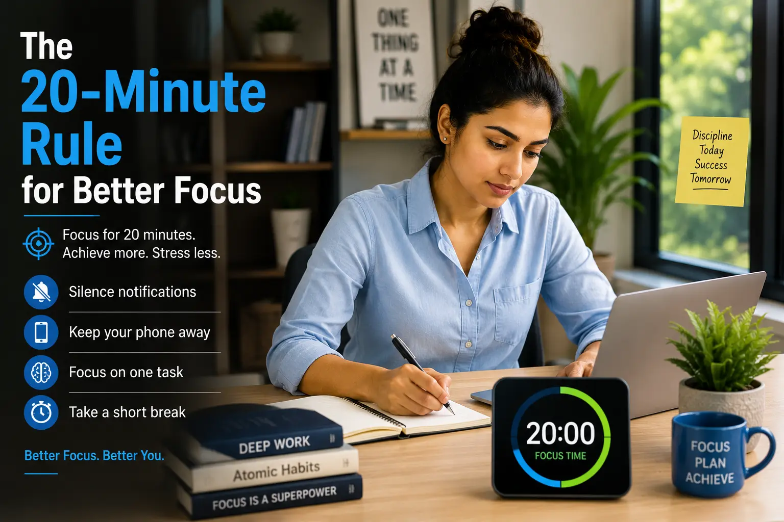 The 20-Minute Rule for Better Focus A young Indian woman working with full concentration at a clean desk while a 20-minute timer counts down on a digital clock.