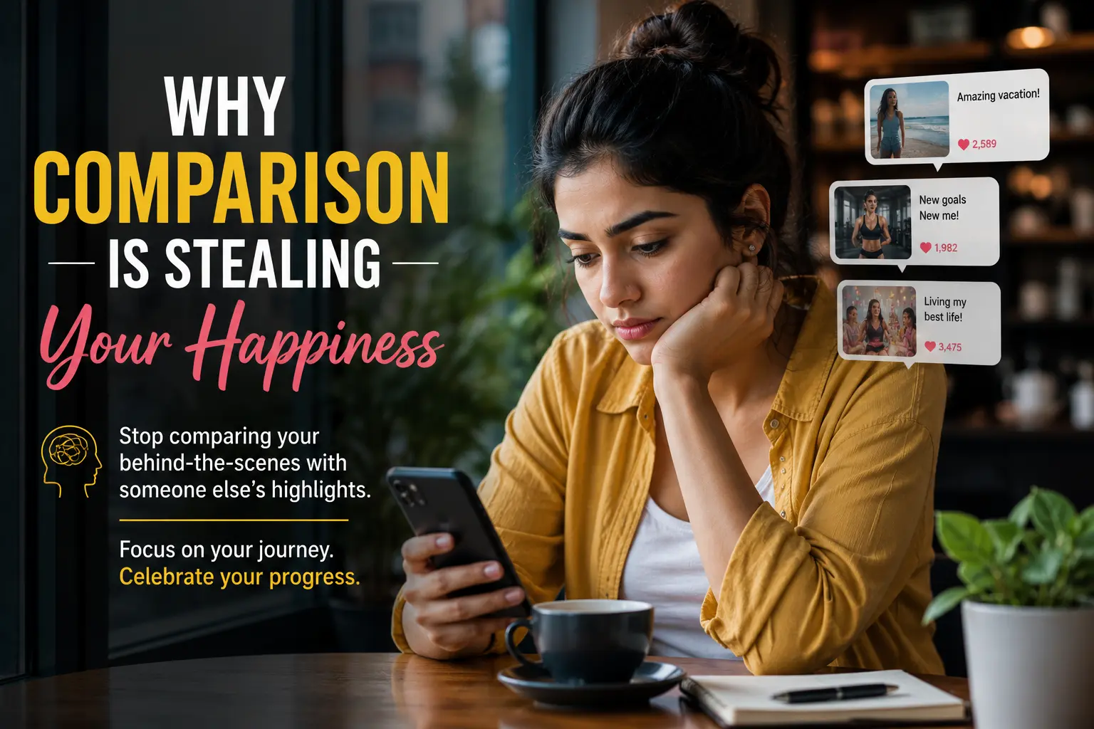 why-comparison-is-stealing-your-happiness A young Indian woman looking thoughtfully at her smartphone while sitting in a café, reflecting on social media comparison and self-worth.