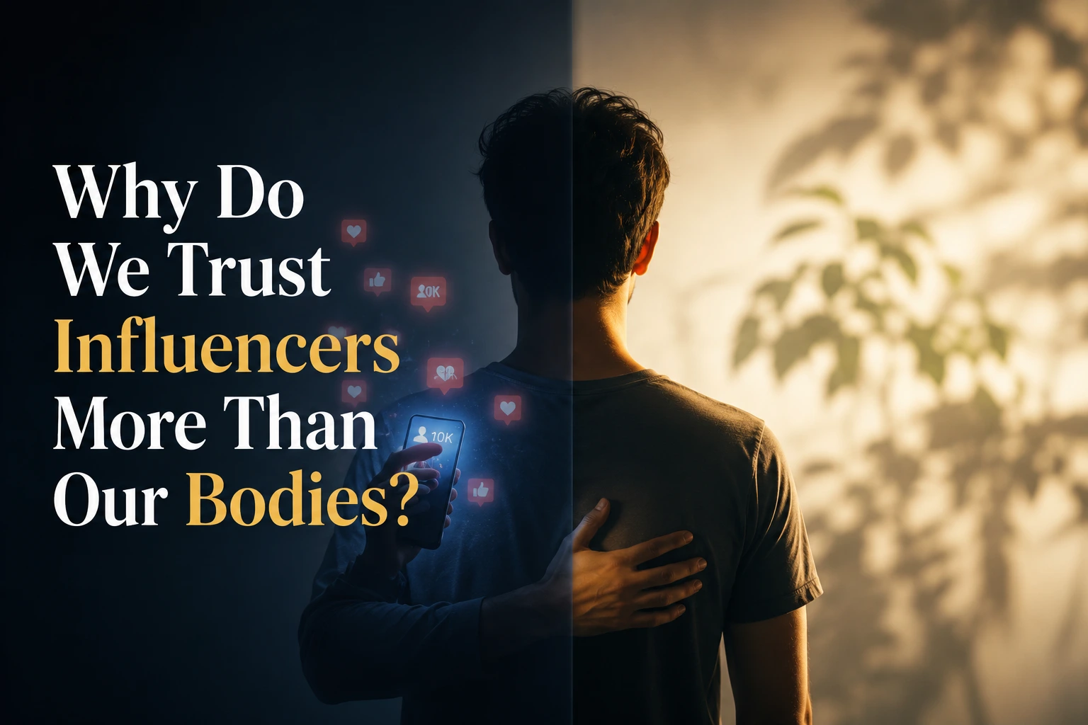 A young professional caught between social media influence and inner body awareness in a modern digital world.