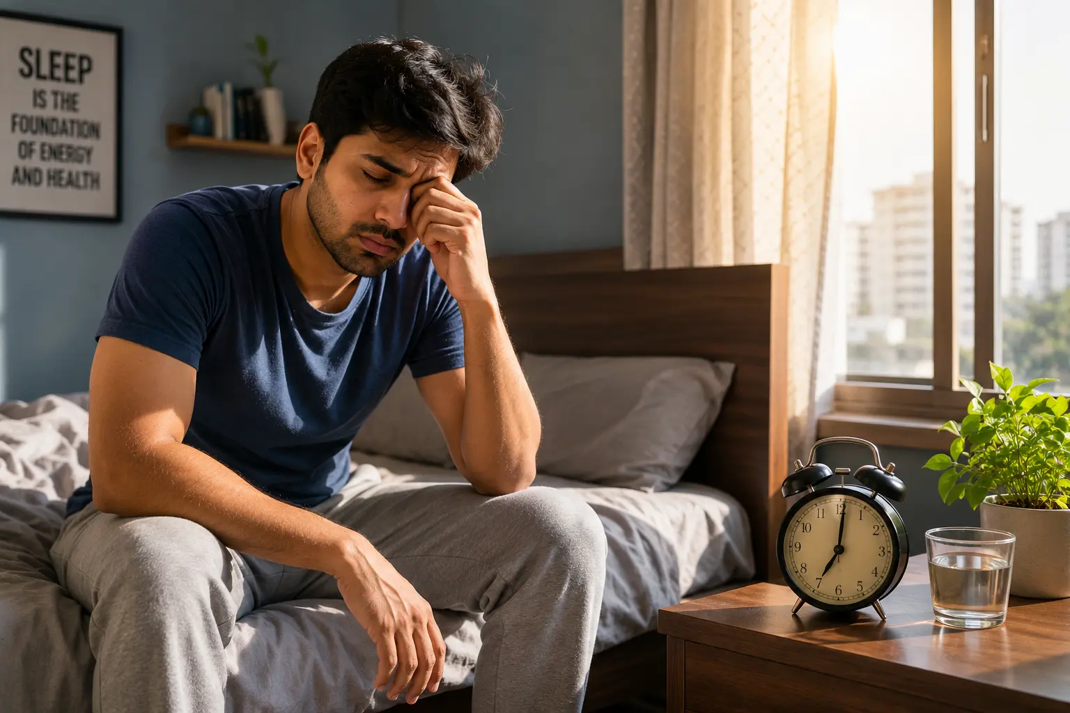 An Indian professional sitting on the edge of a bed looking tired after waking up despite getting eight hours of sleep.