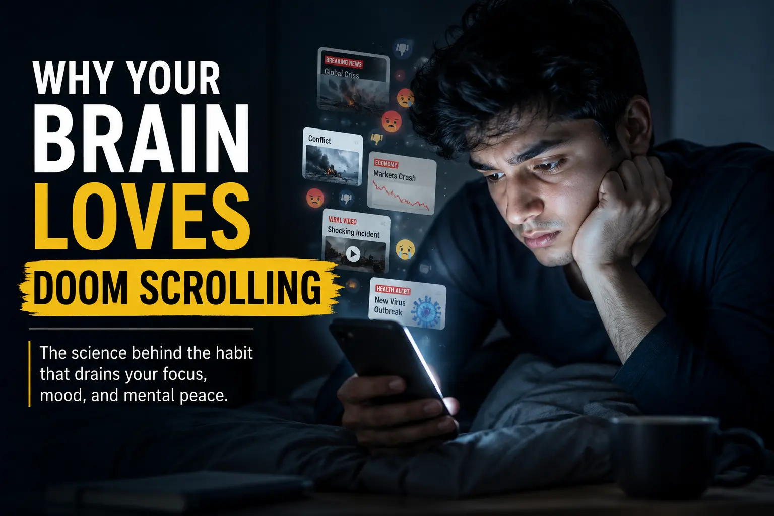 Why Your Brain Loves Doom Scrolling A young professional scrolling through negative news on a smartphone late at night, showing the mental impact of doom scrolling.
