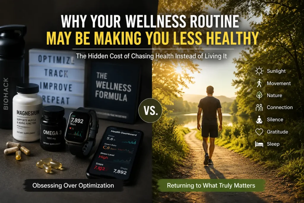 Split image showing wellness gadgets, supplements, and health tracking devices contrasted with a person walking in nature, illustrating the difference between health optimization and healthy living.