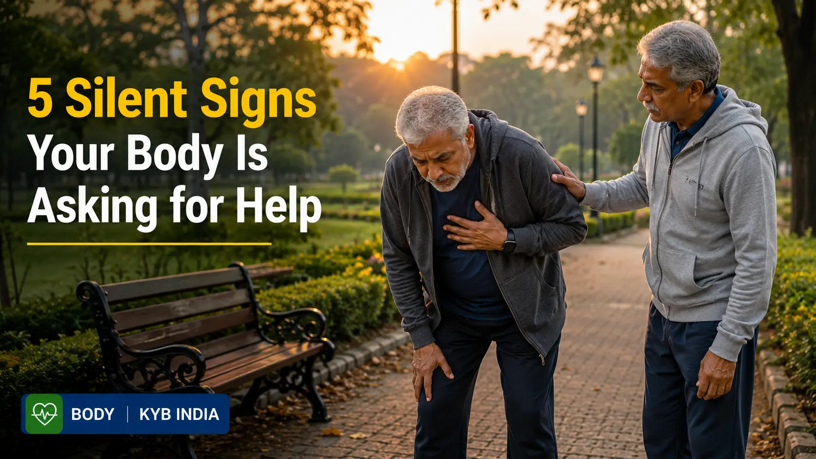 5 Silent Signs Your Body Is Asking for Help An elderly man pauses during a morning walk in a peaceful park while a friend offers support, illustrating subtle body warning signs and the importance of early health awareness.