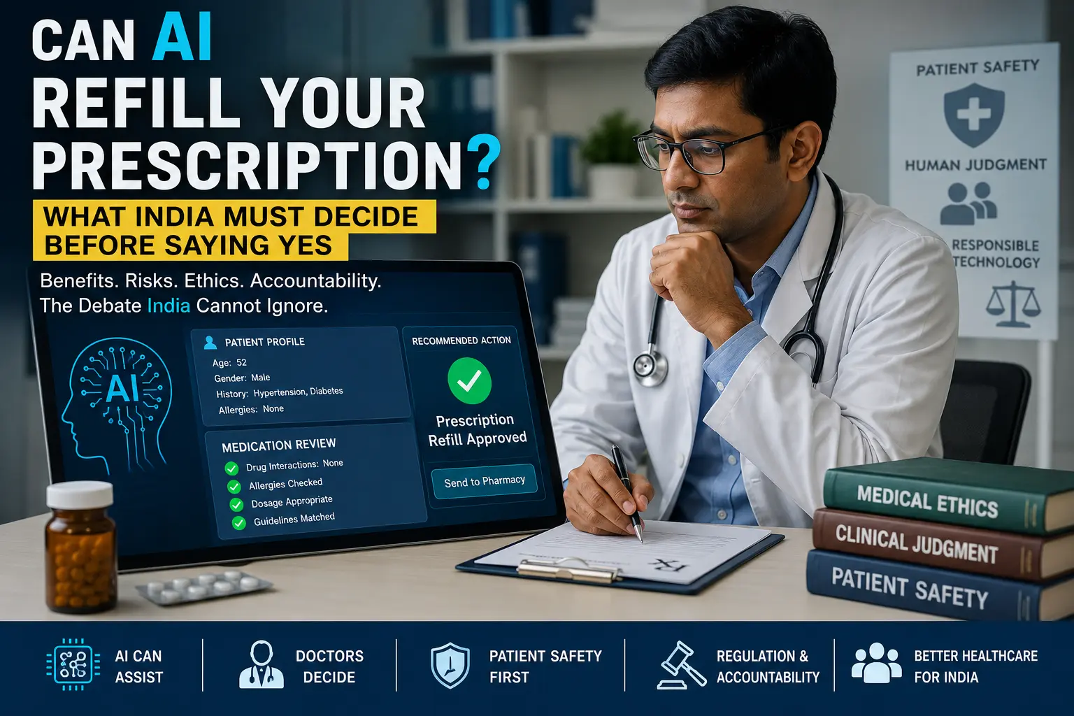 An Indian doctor reviews an AI-assisted prescription interface, highlighting the balance between technology, medical ethics, and patient safety in modern healthcare.