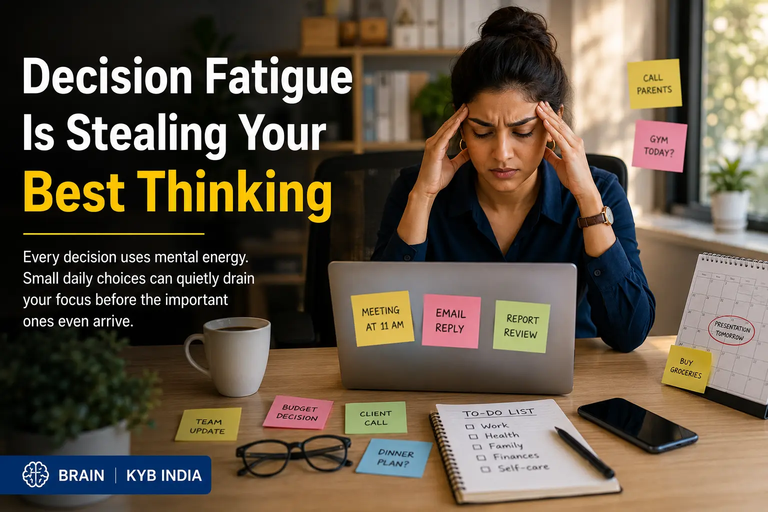 Decision Fatigue Is Stealing Your Best Thinking A professional woman feeling mentally exhausted while making multiple decisions in a modern office, illustrating decision fatigue and mental overload.