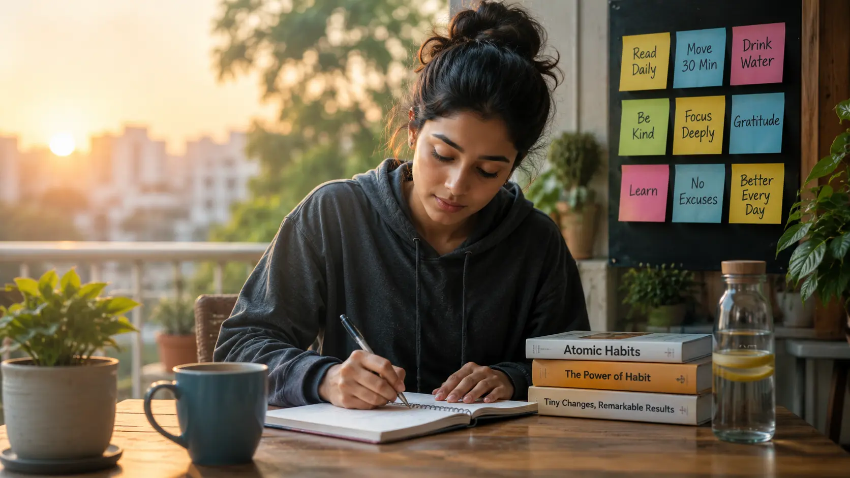 A young woman writing in a journal during sunrise on a peaceful balcony, symbolising identity habits, self-reflection, and personal growth. dentity Habits