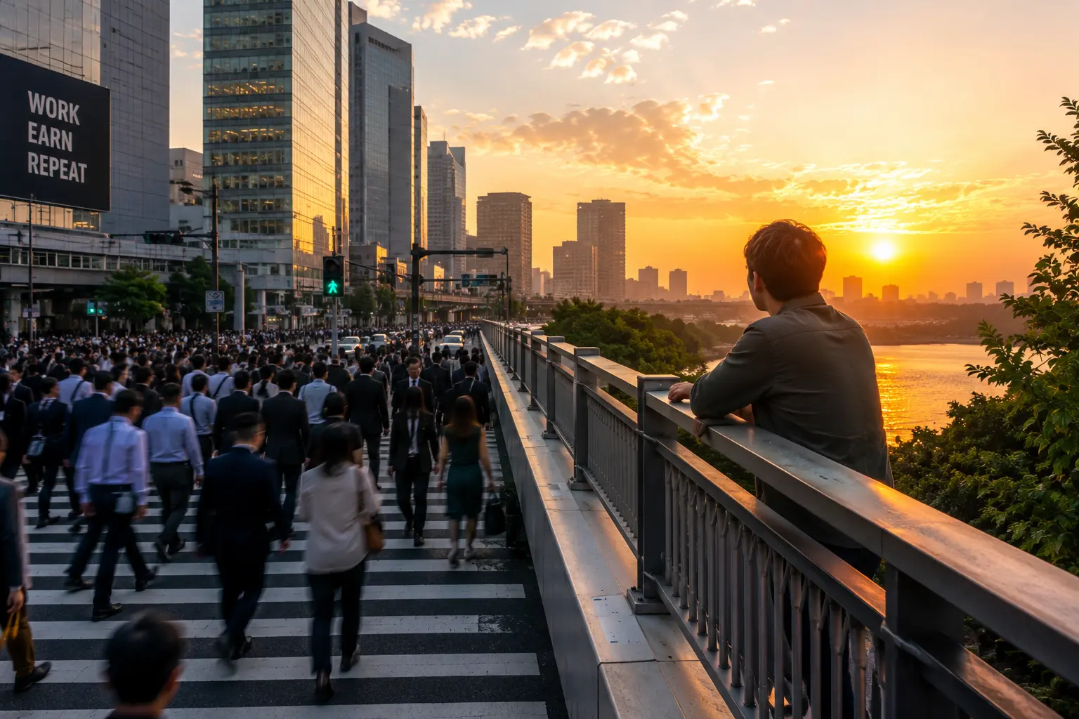 A wide editorial scene showing a crowded city crossing while one person pauses on a nearby bridge to watch the sunrise, symbolising a meaningful life and intentional living.. Meaningful Life