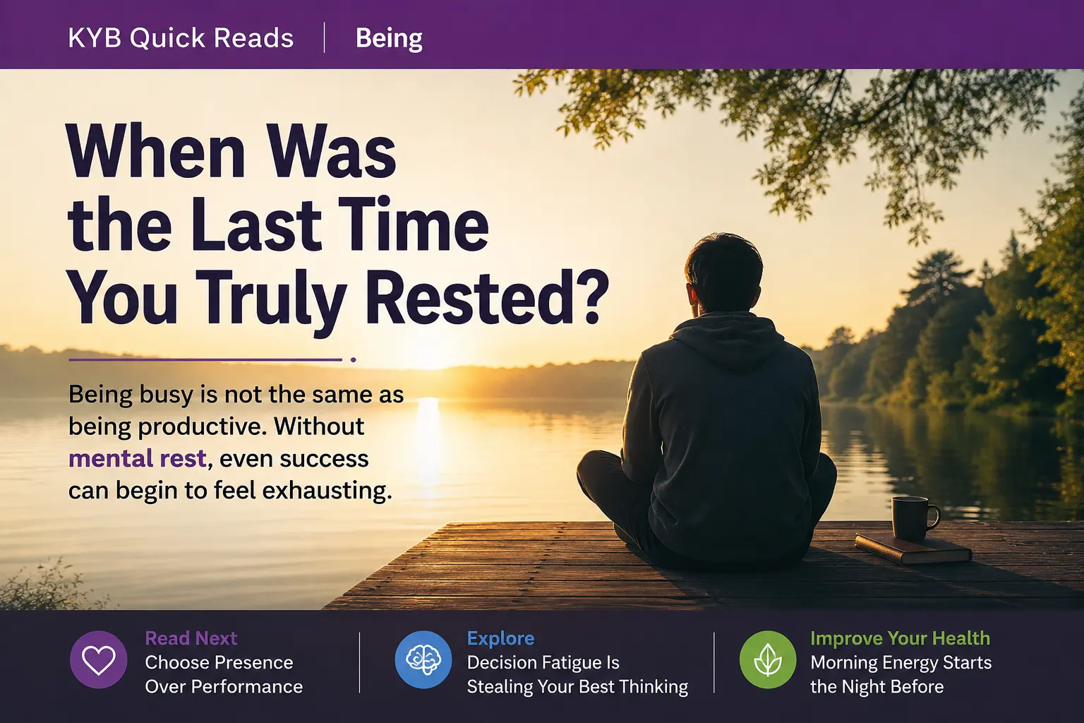 A person sitting peacefully on a lakeside dock at sunrise, disconnected from digital devices, symbolising mental rest, calmness, and emotional recovery.