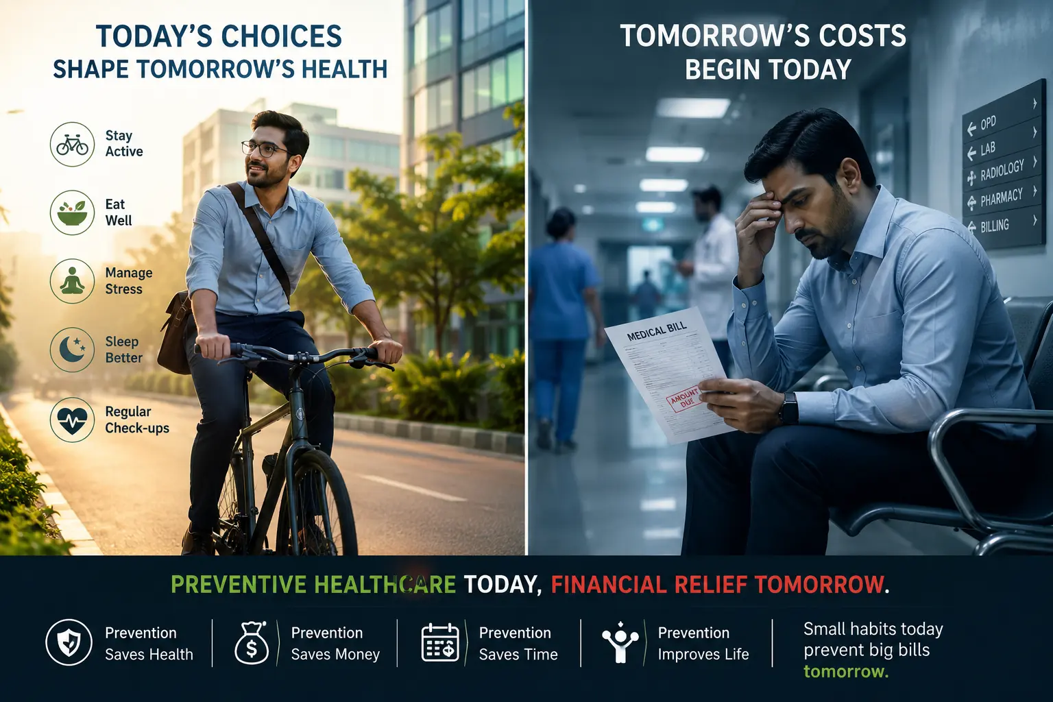 A split editorial scene showing a healthy professional cycling to work in the morning while another person waits in a hospital corridor holding medical bills, illustrating the importance ofPreventive Healthcare preventive healthcare. 