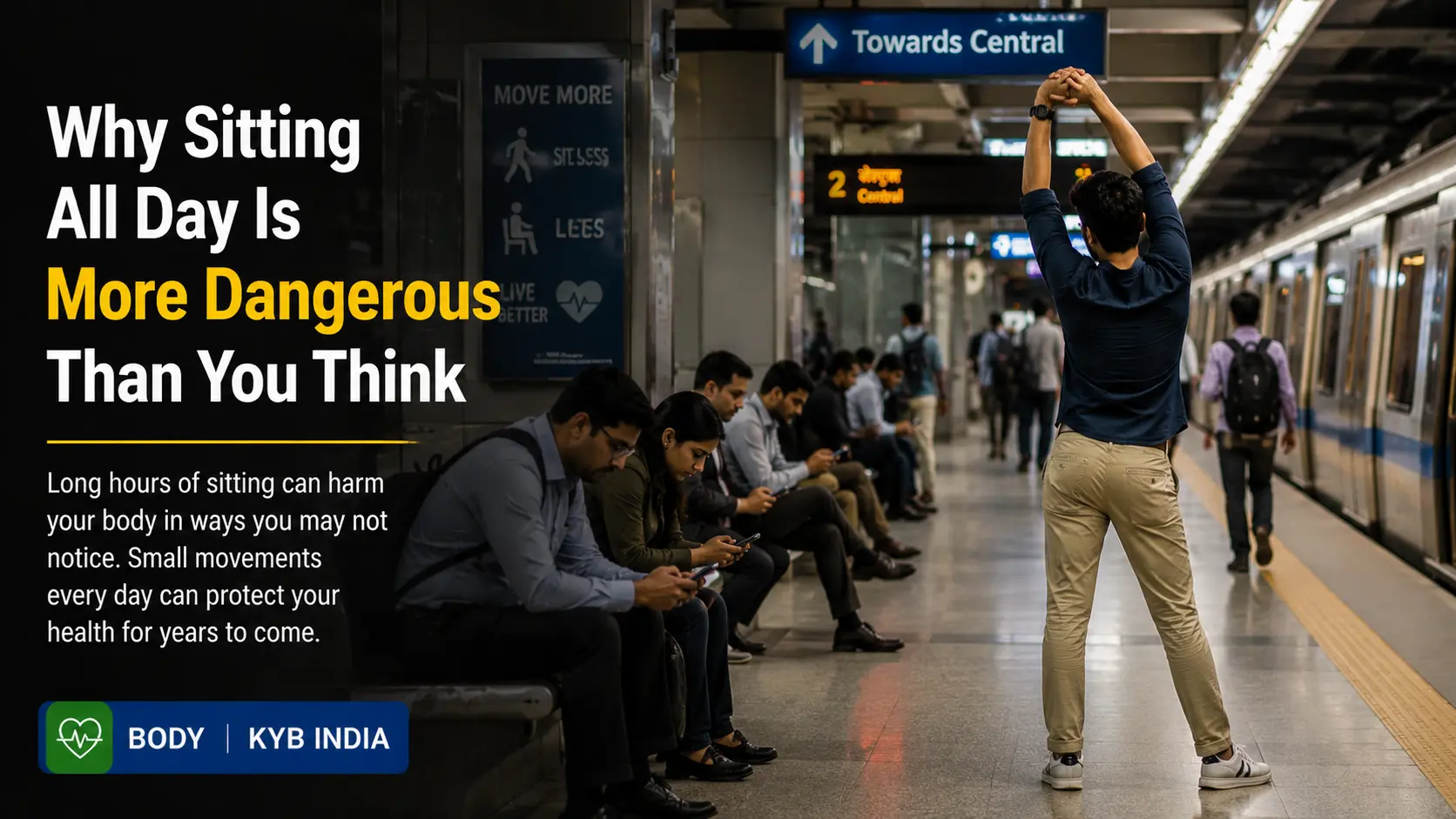 Move More. Sit Less. A busy metro station where commuters remain seated while one person stands and stretches, illustrating the health benefits of regular movement during long periods of sitting.