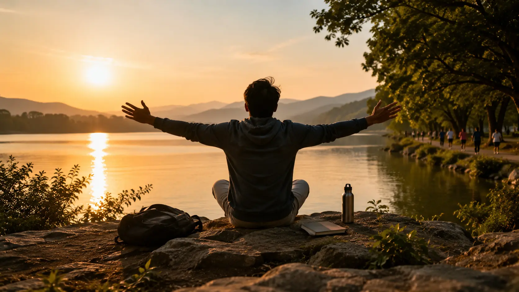 Success Needs Peace A person sitting peacefully beside a calm lake at sunrise, reflecting on success, inner peace, and life balance.