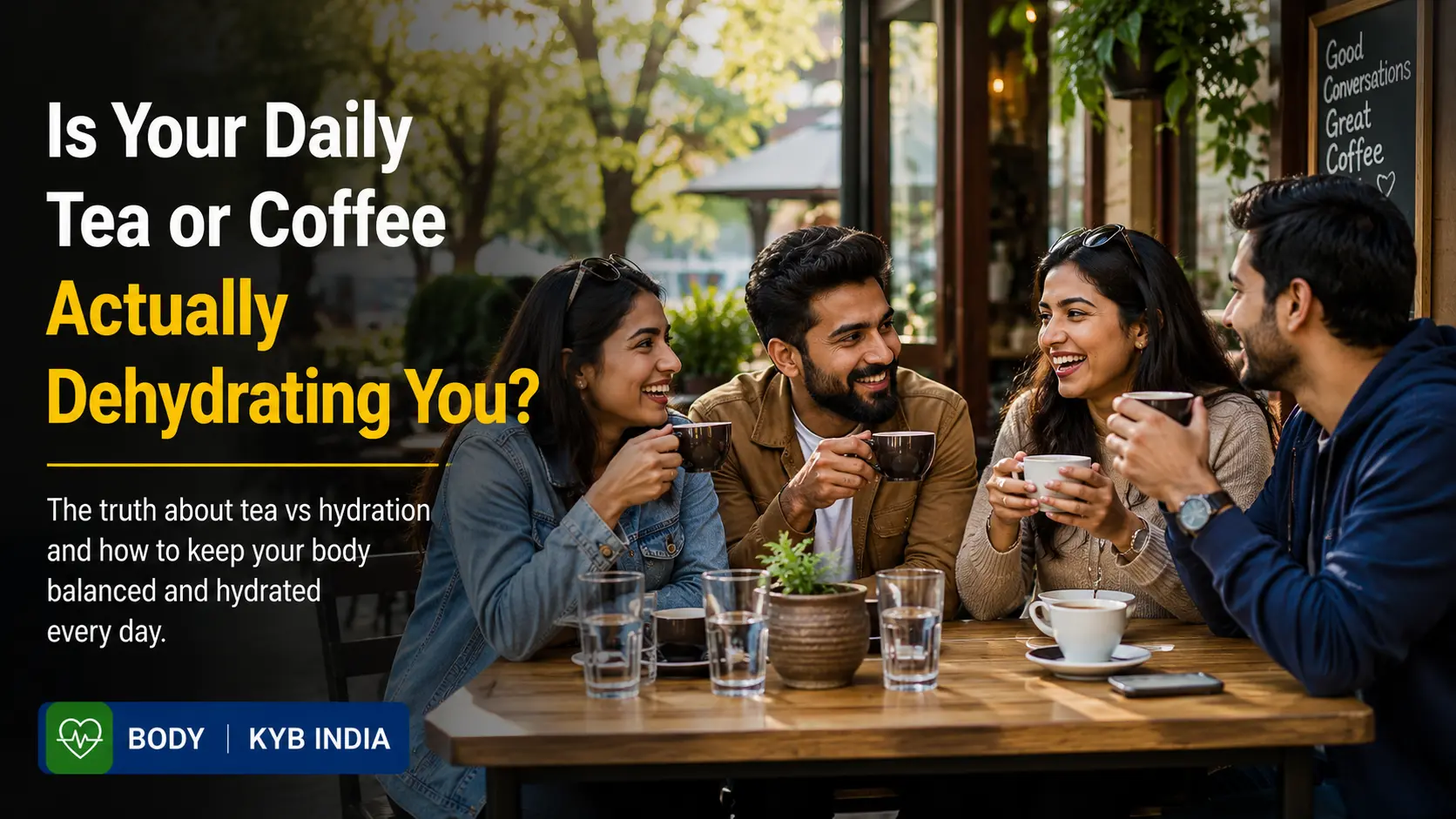 Friends enjoying tea and coffee at an outdoor café with glasses of water on the table, highlighting the importance of balancing favorite beverages with proper hydration.