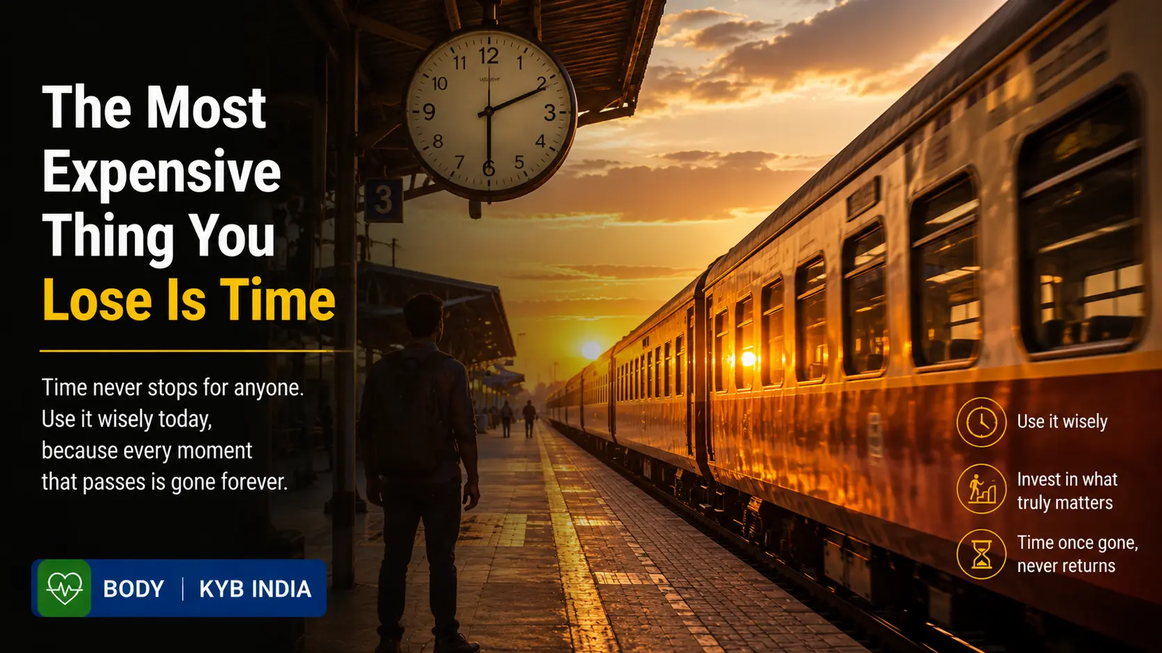 The Most Expensive Thing You Lose Is Time A wide railway platform at sunset with a departing train and a lone traveler watching quietly, symbolizing that time never returns.