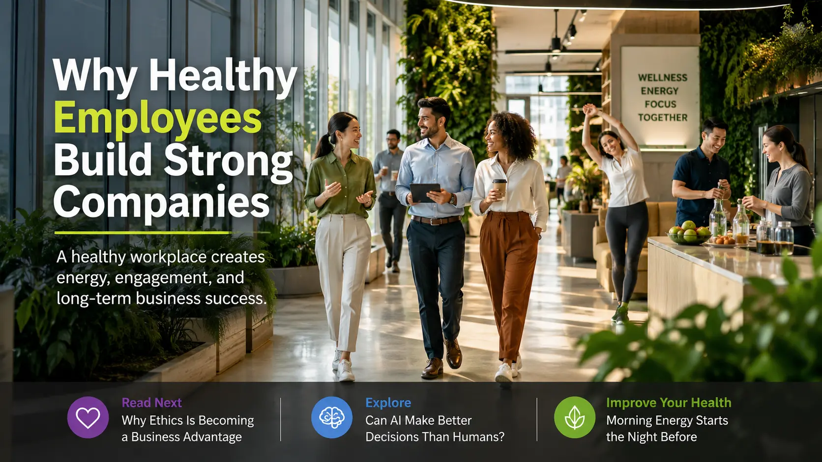 Employees from diverse backgrounds walking together through a bright green modern office, representing workplace wellness, collaboration, innovation, and healthy company culture.
