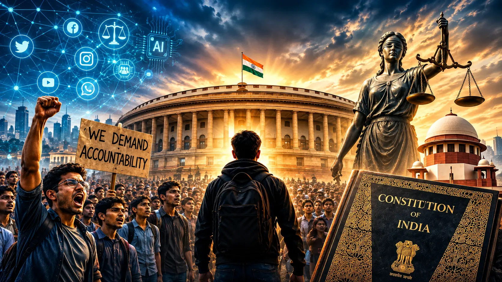 Indian democracy, Parliament, Constitution and citizens demanding accountability Ye descriptive bhi hai aur image ke actual content ko accurately describe karta hai.