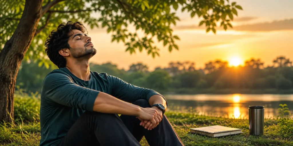 Young man resting peacefully by a lake at sunset, reflecting mental calm and the need to pause