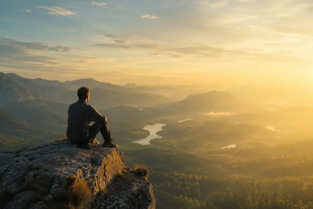 Healthy person sitting peacefully on a mountain cliff at golden hour, reflecting on the lifelong journey of understanding the body and living a healthier life.