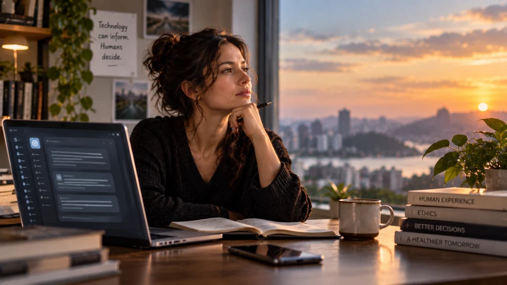 human-judgment-ai-decision-making A woman pauses to think beside an AI-powered laptop, reflecting on human judgment and decision-making.