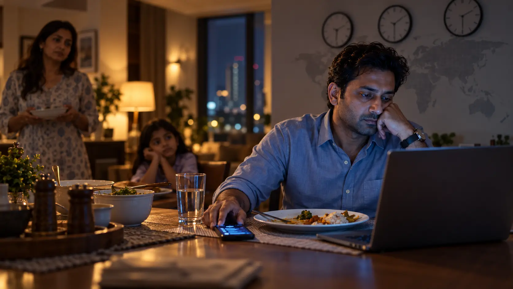 Indian professional working through dinner while his wife and child wait during an after-hours global work call